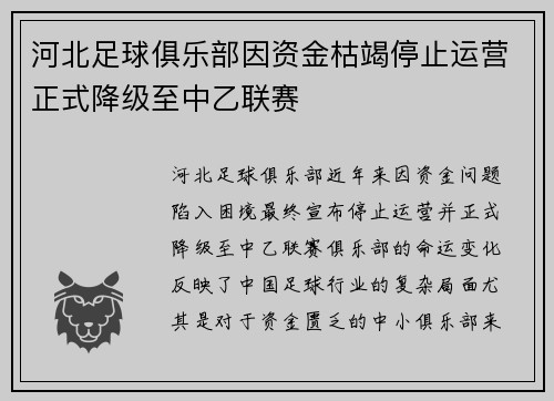 河北足球俱乐部因资金枯竭停止运营正式降级至中乙联赛